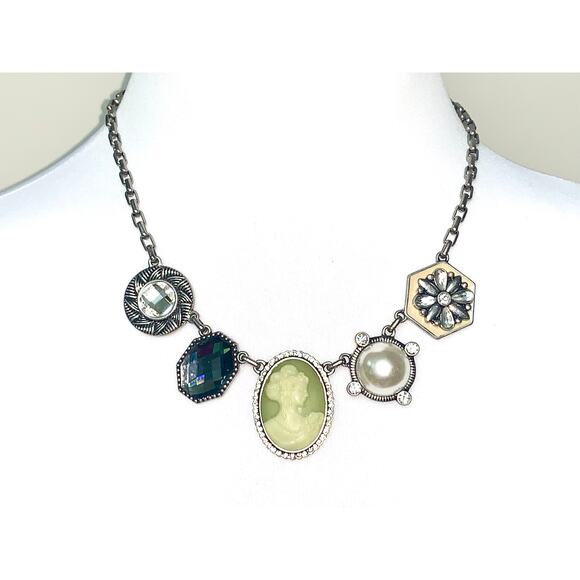 Vintage Style Signed Lia Sophia Silver Cameo Crystal Faux Pearl Necklace